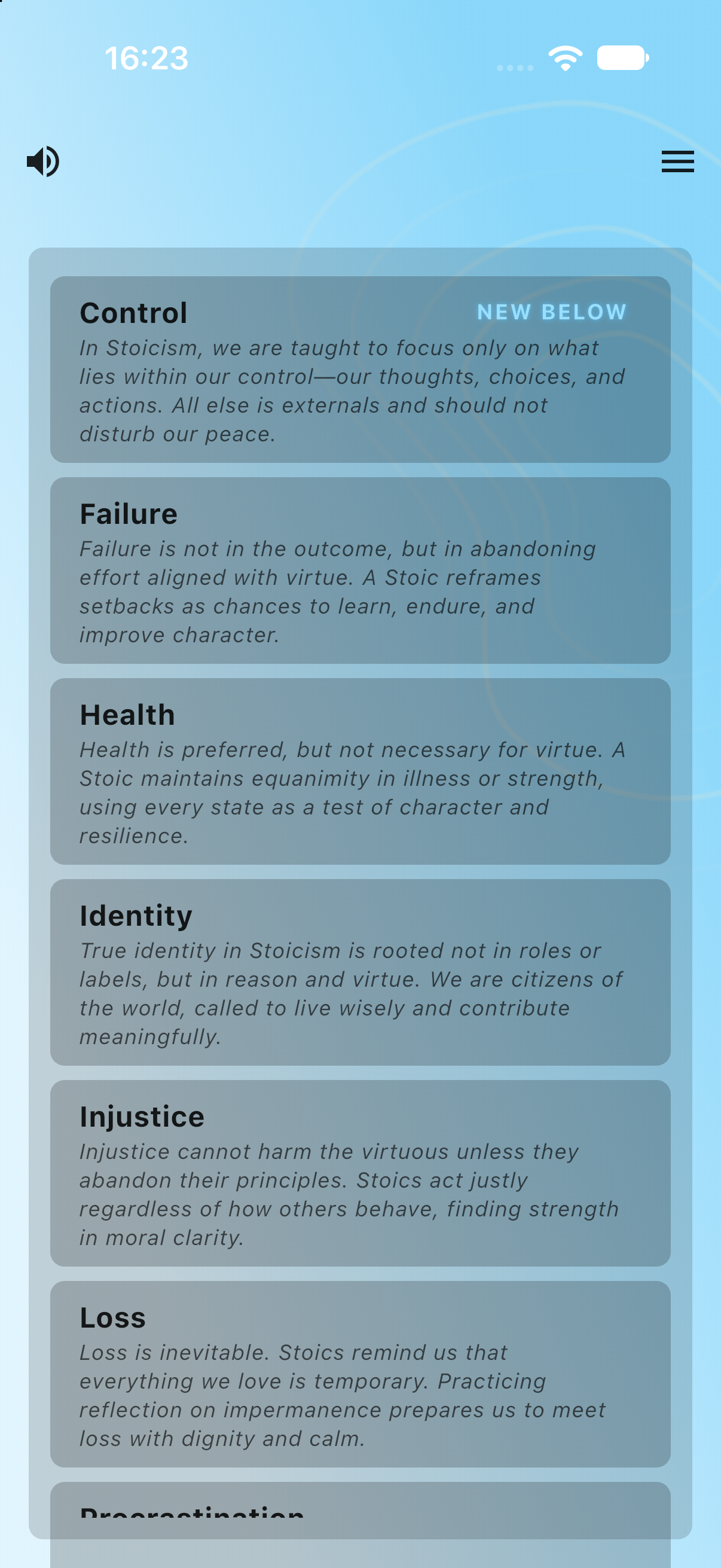 Concern Picker with topics including control, failure, health, identity, injustice, and loss.