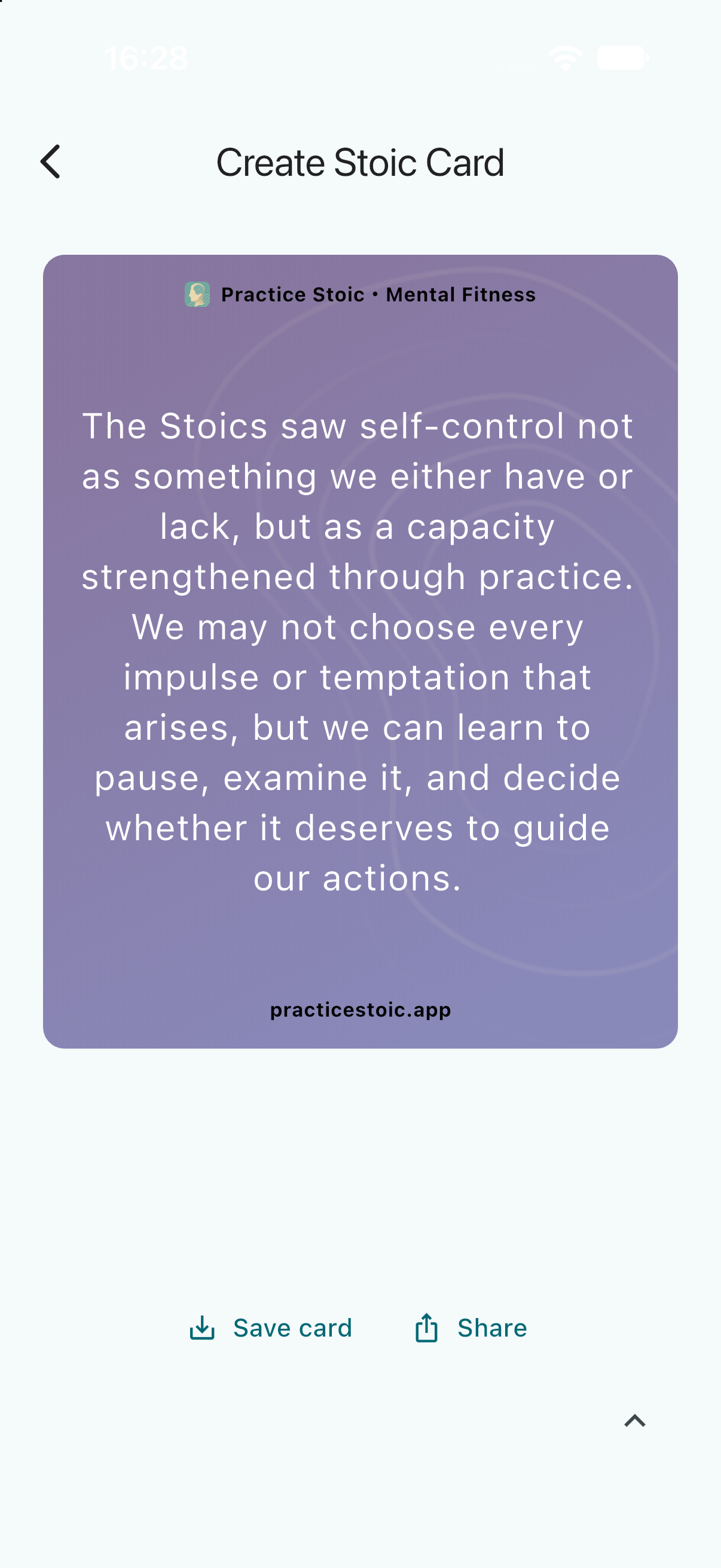 Create Stoic Card screen showing a reflection on practicing self-control.